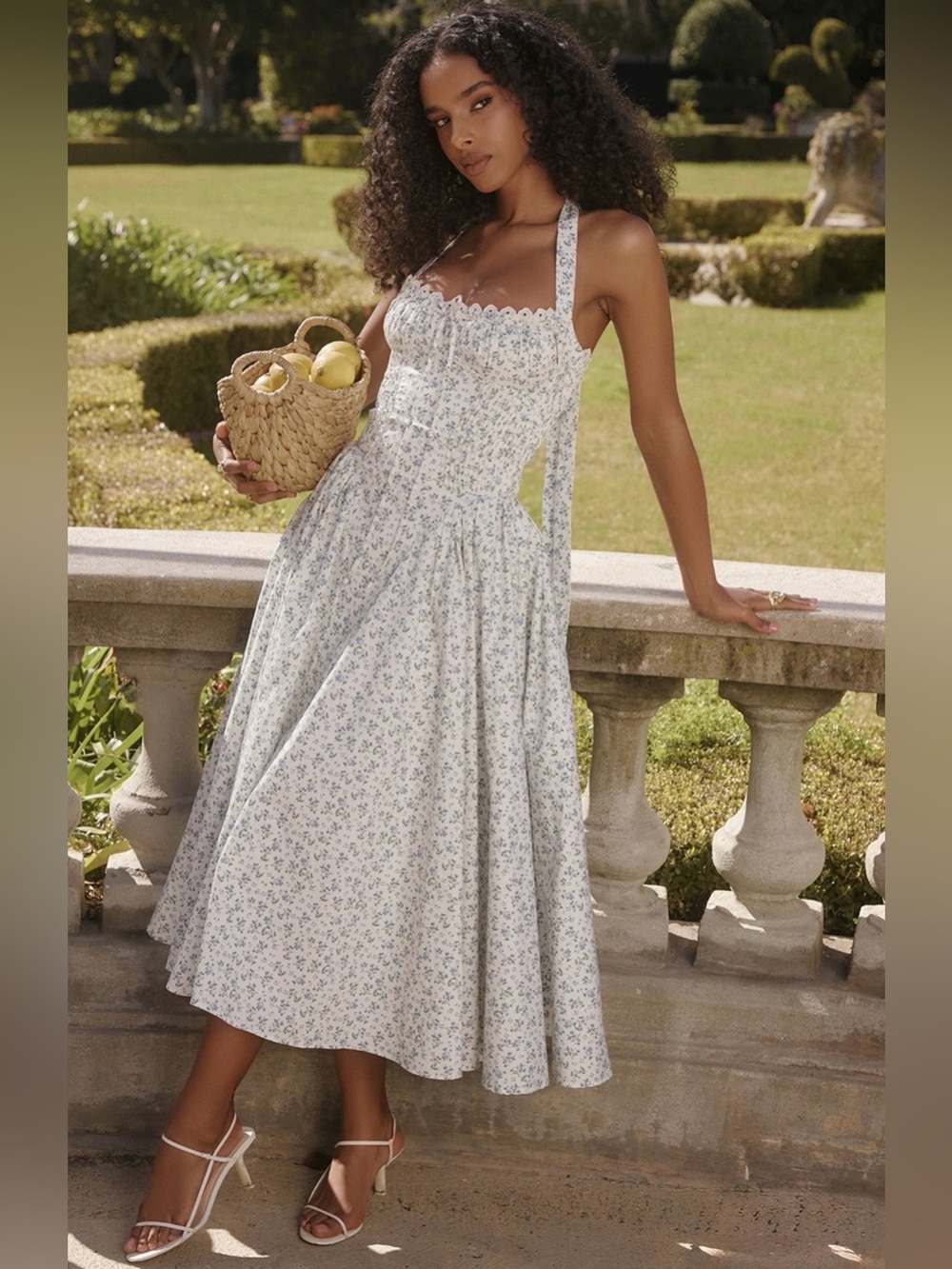 House of CB ADABELLA White Bluebell Print Cotton Halter Sundress